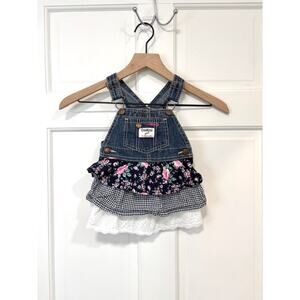 OshKosh B'gosh Overall Dress Baby Sz 18 Months Blue Denim Ruffle Floral Tiered